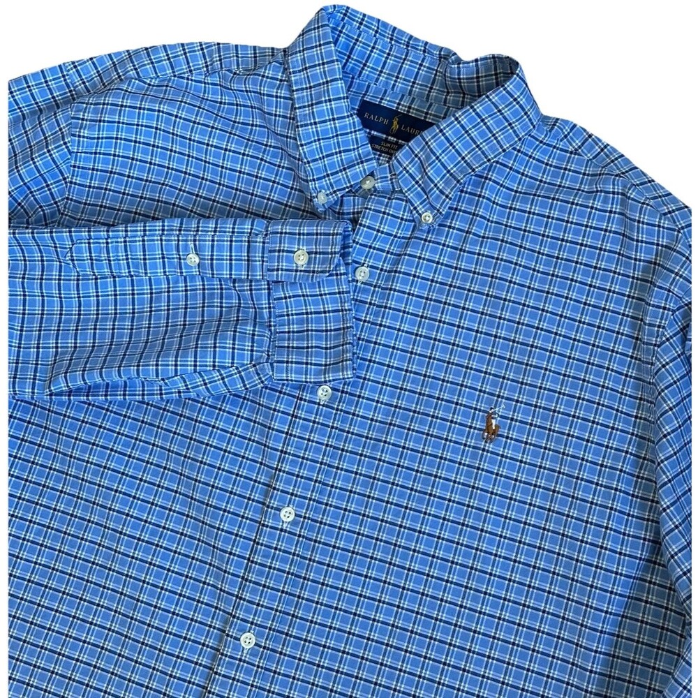 Ralph Lauren Shirt Mens XXL Blue Plaid Slim Fit Stretch Oxford Preppy Old Money